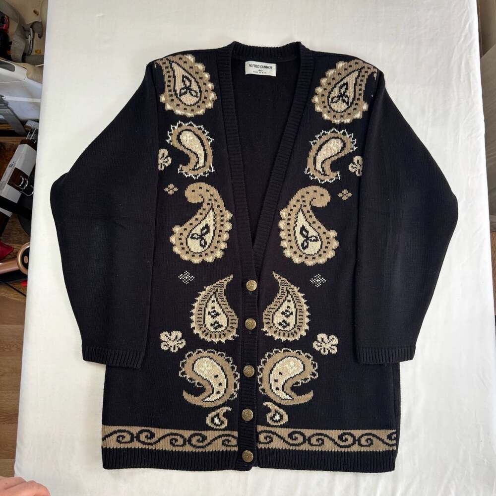 Alfred Dunner western Cardigan Size M Black Paisley Knit Sweater